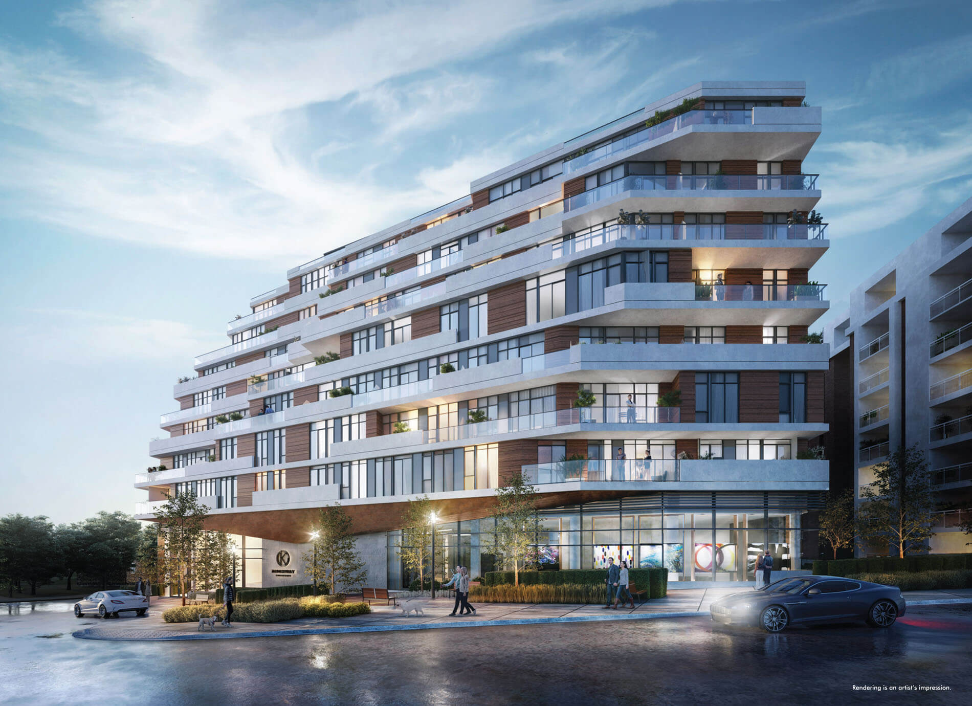 Rendering of Kingsway Crescent Condos exterior at night.