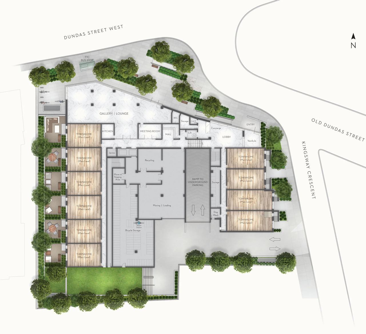 Site plan of Kingsway Crescent residences main level amenities and towns.