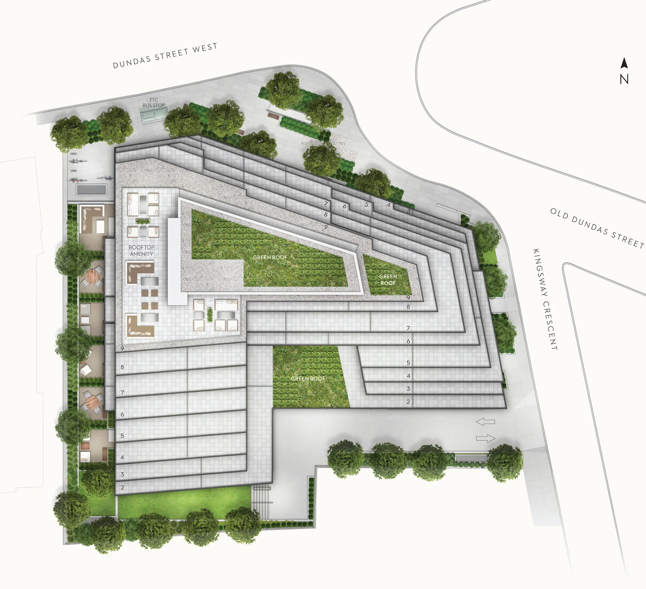 Site plan of Kingsway Crescent residences rooftop amenities and with green roofs.