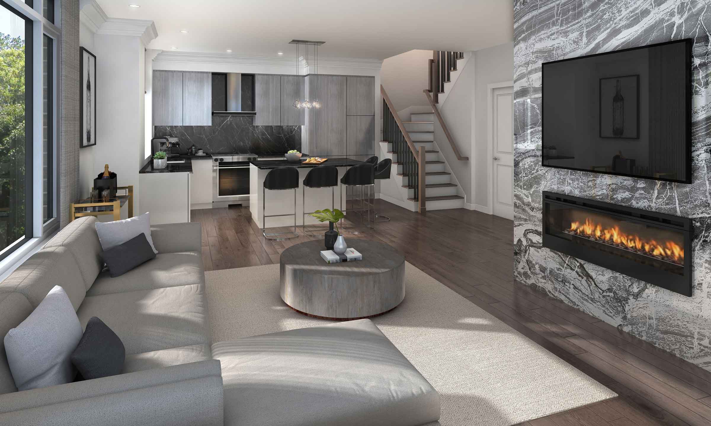 Rendering of 11 Altamont Towns suite living room with fireplace.