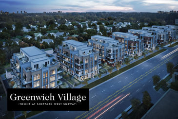 Rendering of Greenwich Village Towns with logo overlay.