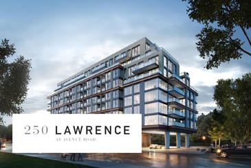Exterior rendering of 250 Lawrence Condos with logo overlay.