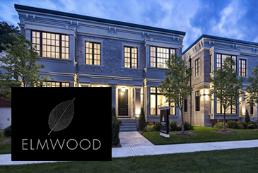 Exterior rendering for Elmwood Homes with logo overlay.
