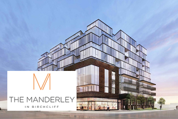 Exterior rendering of The Manderley Condos with logo overlay.