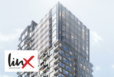 Rendering of Linx Condos with logo overlay.