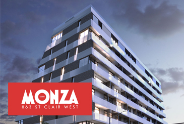 Rendering of Monza Condos in the evening with logo overlay.
