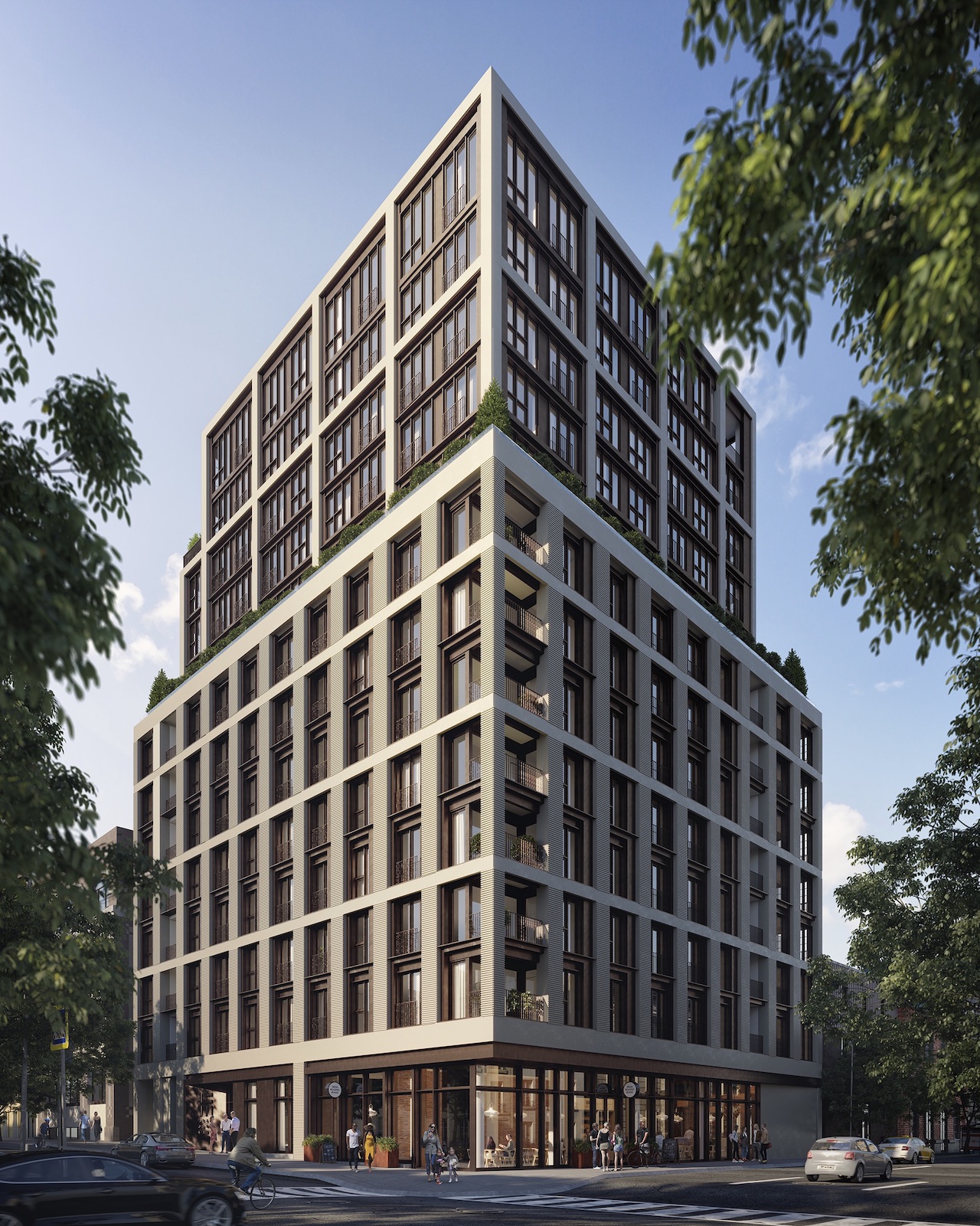 Full exterior rendering of 123 Portland condos during the day.