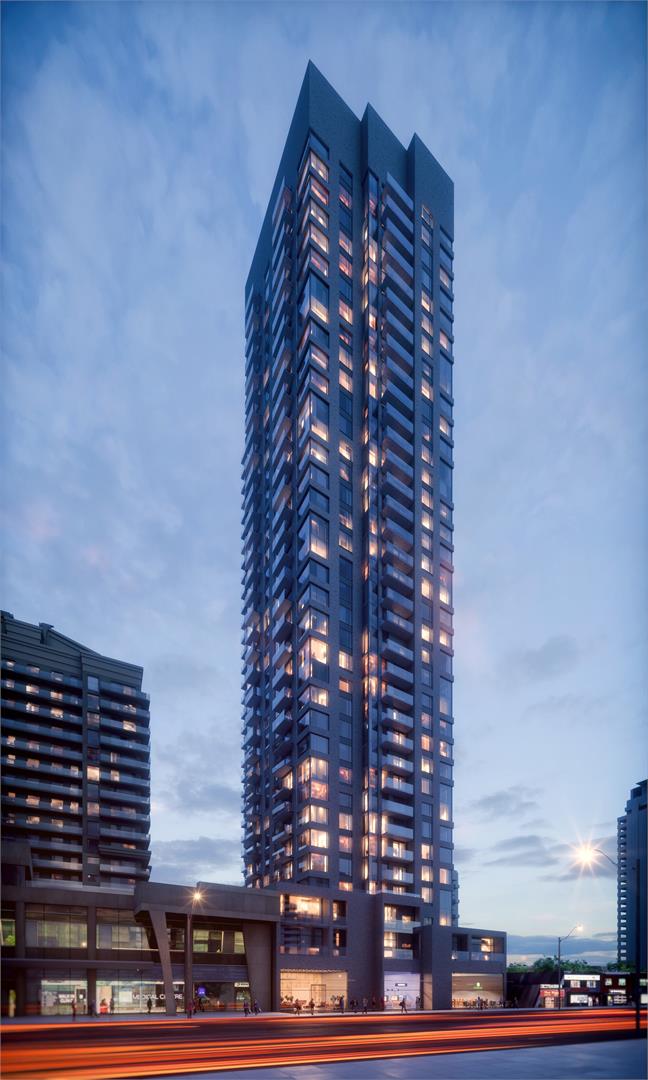 Exterior rendering of 5306 Yonge Street Condos in the evening.