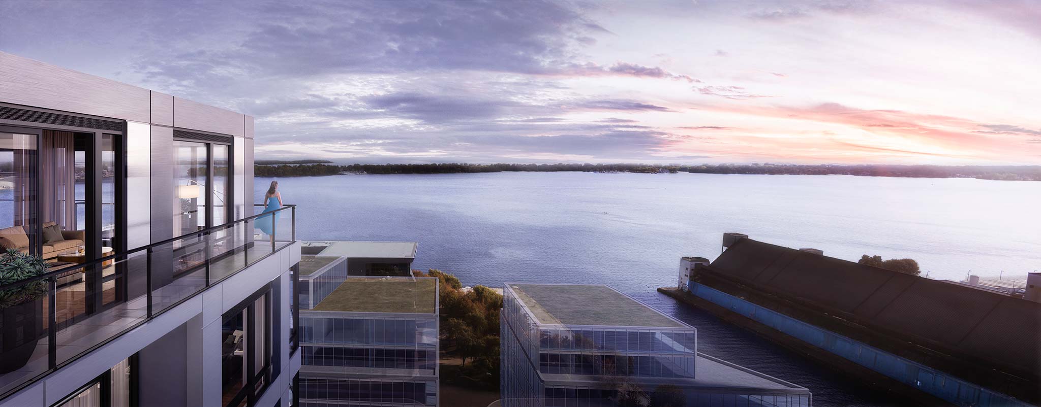 Rendering of Empire Quay House Condos suite terrace at dusk.