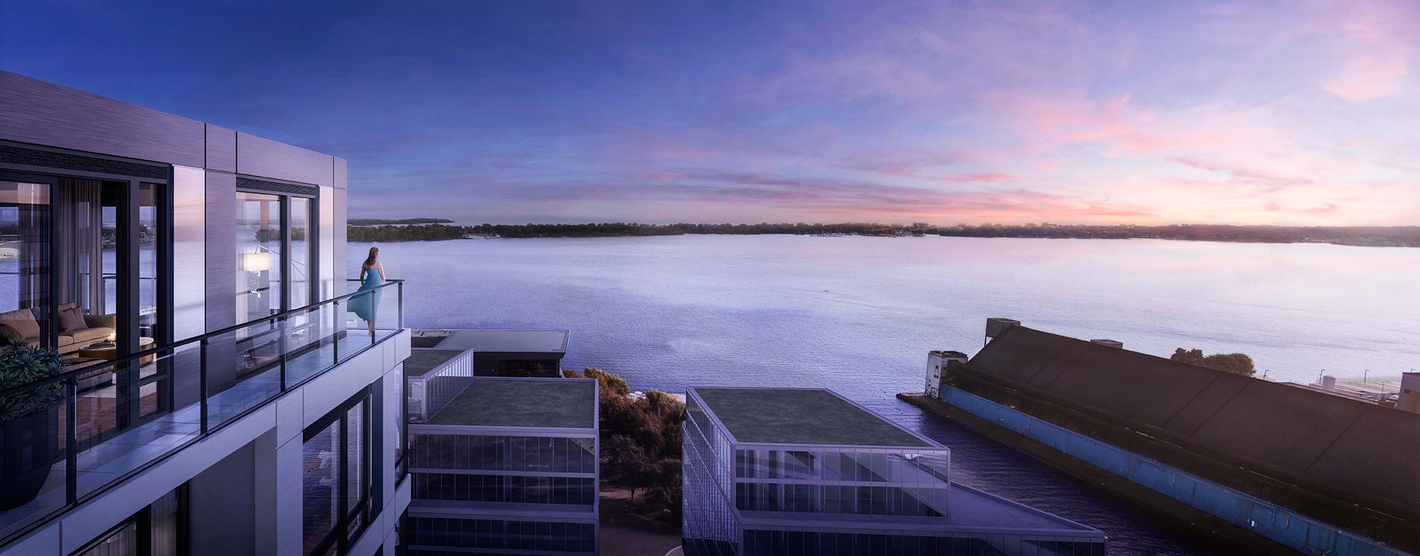 Rendering of Empire Quay House Condos suite terrace with sun setting.