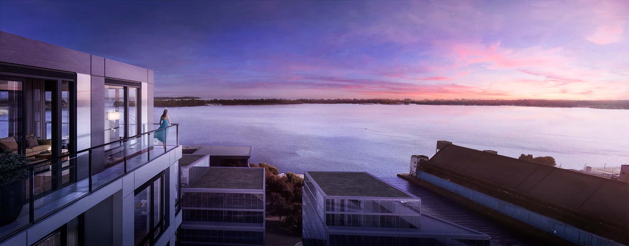 Rendering of Empire Quay House Condos suite terrace with vivid purple sunset sky.