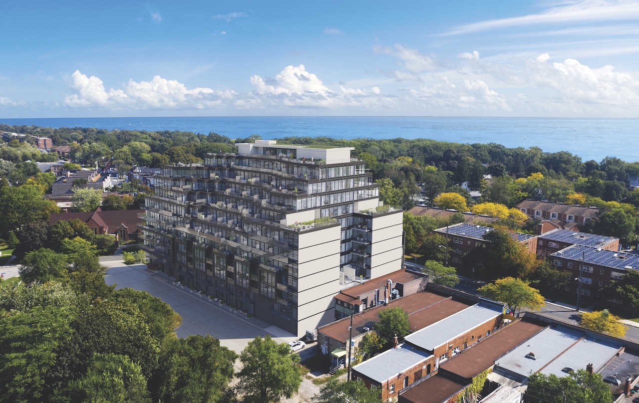 Rendering of The Manderley Condos exterior aerial view with lake.