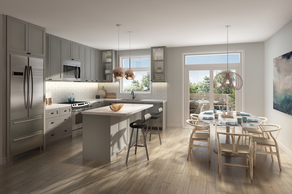 Interior rendering of Frenchman's Bay unit open-concept kitchen.