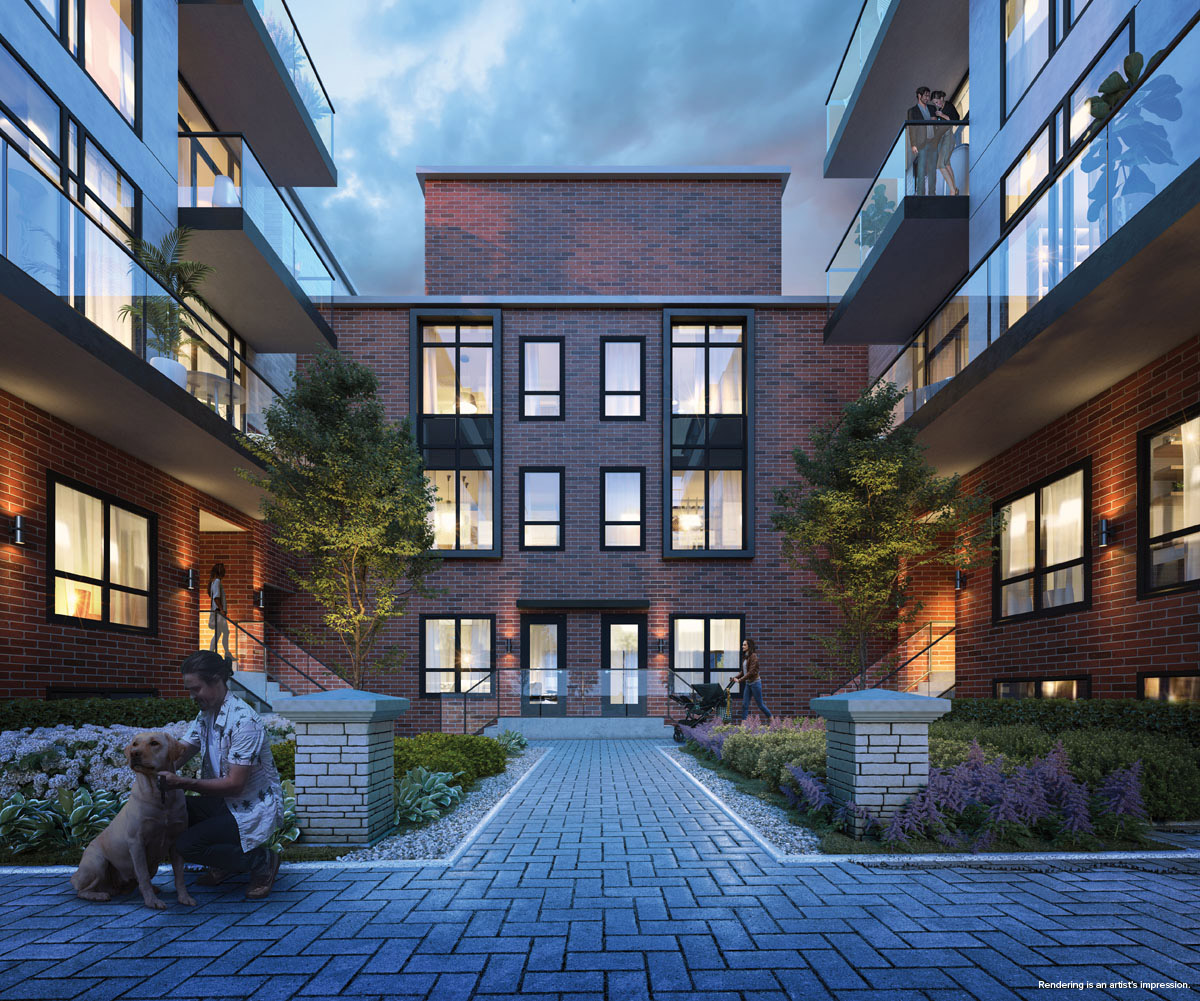 Rendering of Greenwich Village Towns courtyard at dusk.