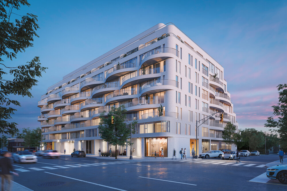 Rendering of Reina Condos exterior front and side view in the evening.