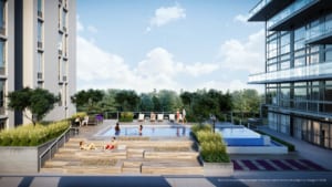Rendering of Connectt Condos outdoor swimming pool.