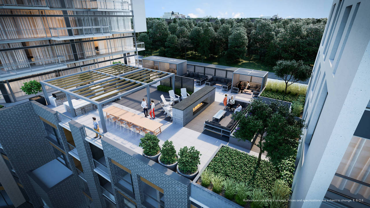 Rendering of Connectt Condos rooftop terrace with al-fresco dining.