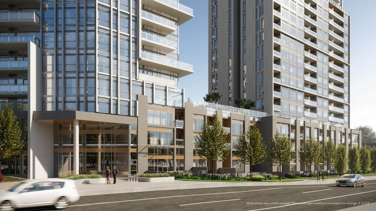 Rendering of Connectt Condos building exterior with streetscape.