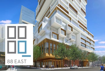 Exterior rendering of 88 East Condos with logo overlay.