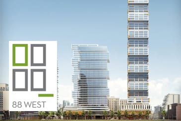 Rendering of 88 West Condos multi-tower community with logo overlay.
