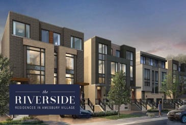Exterior rendering of The Riverside Residences towns with logo overlay.