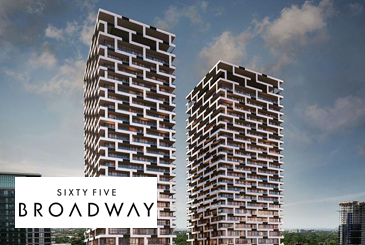 Exterior rendering of Sixty-Five Broadway Condos with logo overlay.