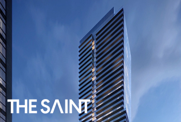 Exterior rendering of The Saint Condos at night with logo overlay.