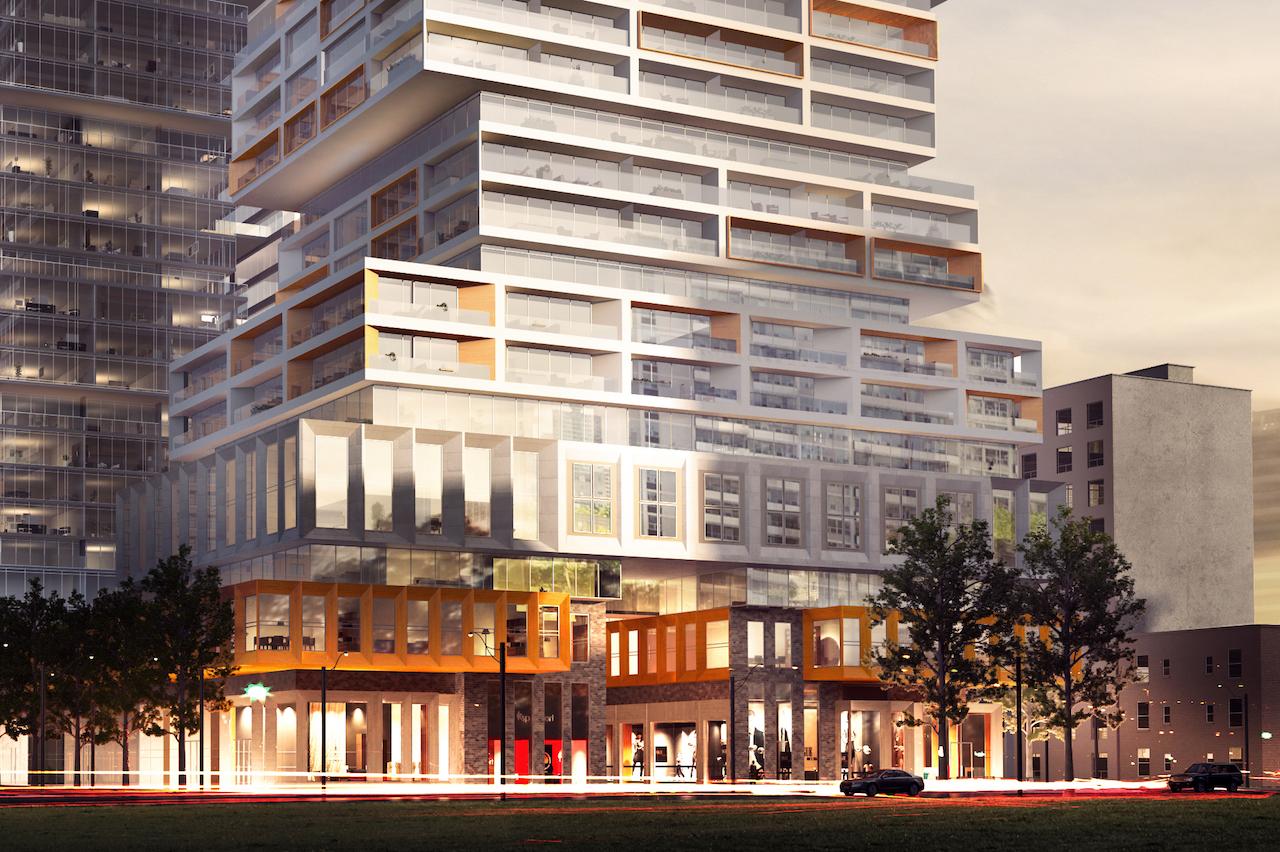Partial exterior rendering of 88 East Condos in the evening.