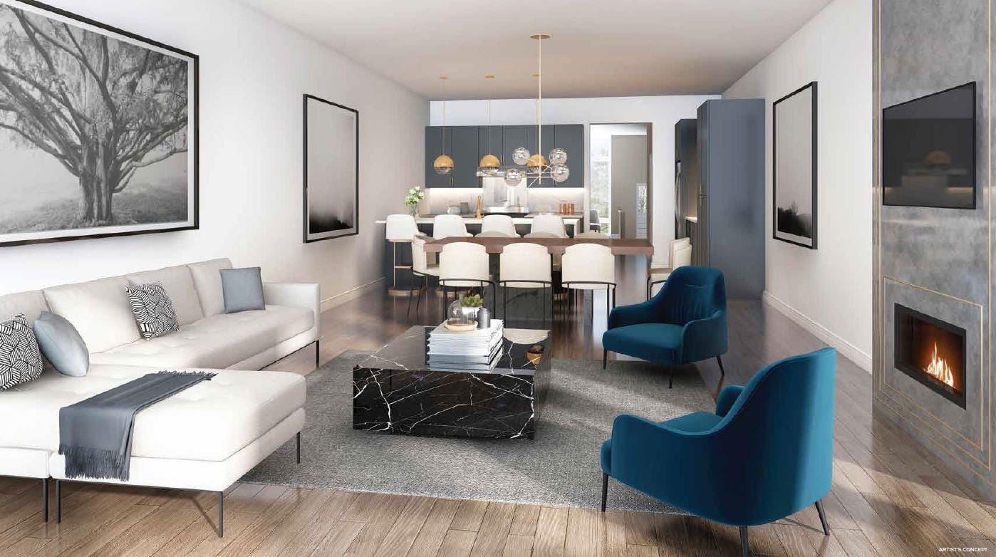 Interior rendering of The Riverside Residences kitchen and living room.