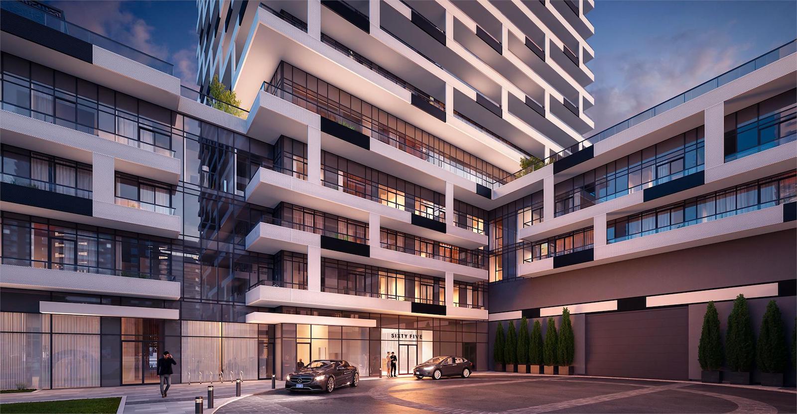 Exterior rendering of Sixty-Five Broadway Condos entrance in the evening.
