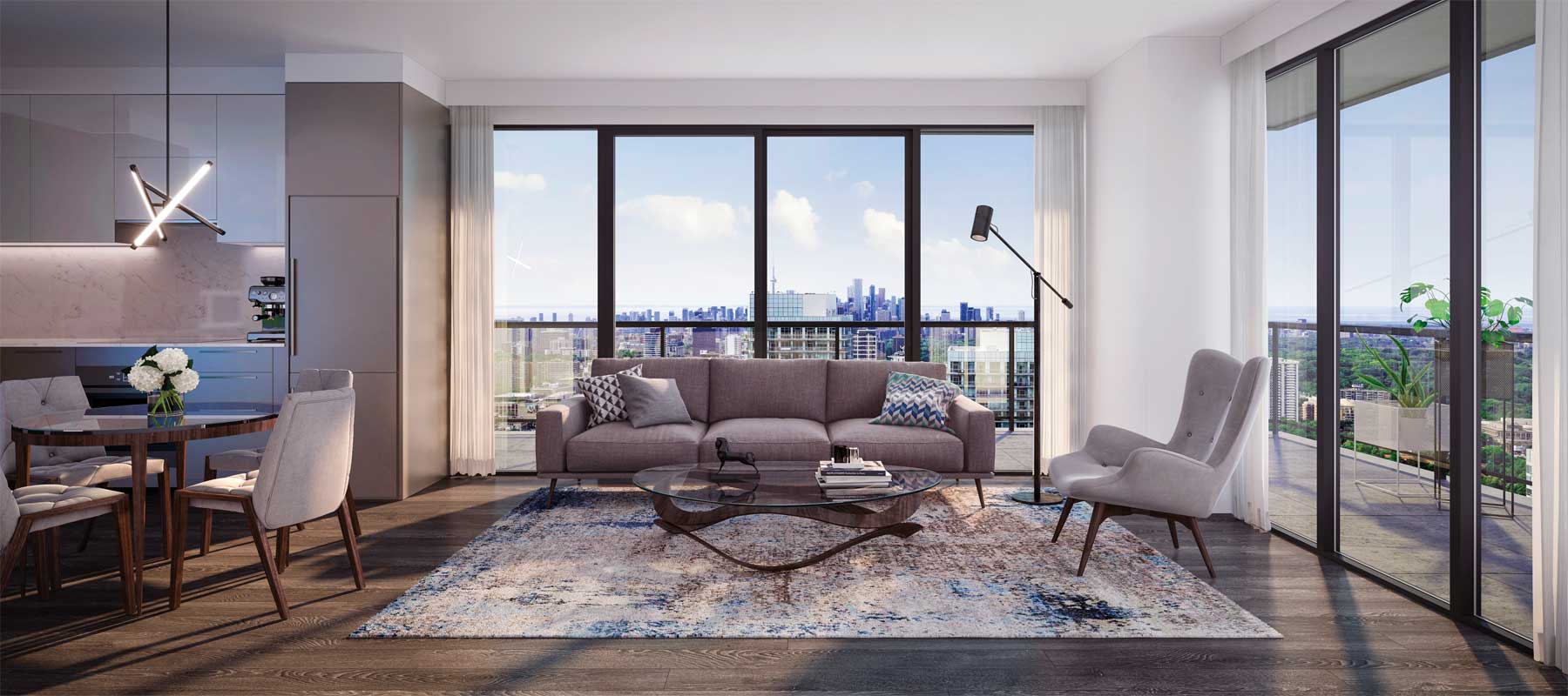 Suite living room rendering of Sixty-Five Broadway Condos.