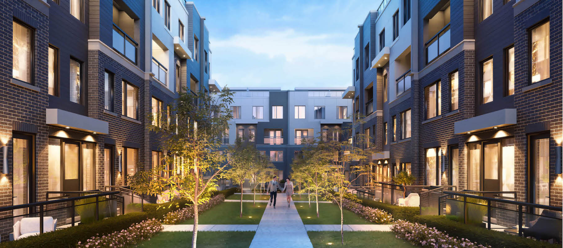 Rendering of The Way Towns 2 courtyard in the evening.