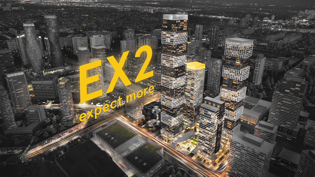 Rendering of EX2 Condos community with text overlay in yellow.