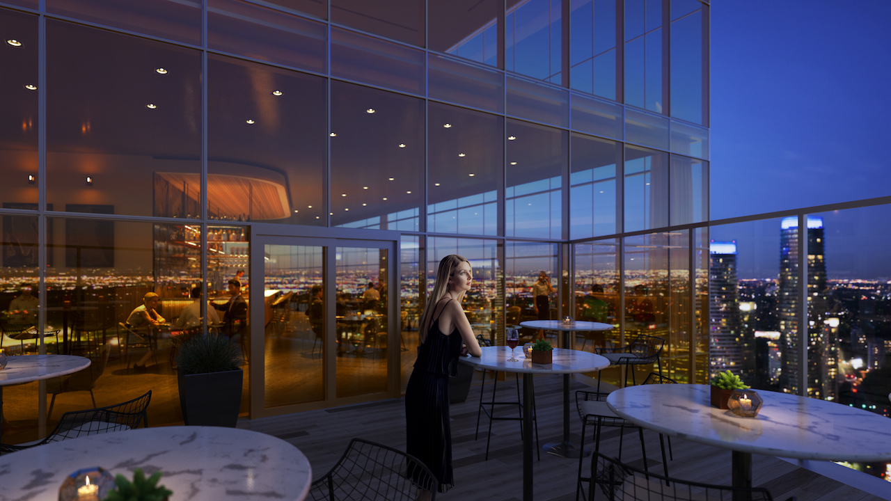 Rendering of EX2 Condos sky restaurant terrace.
