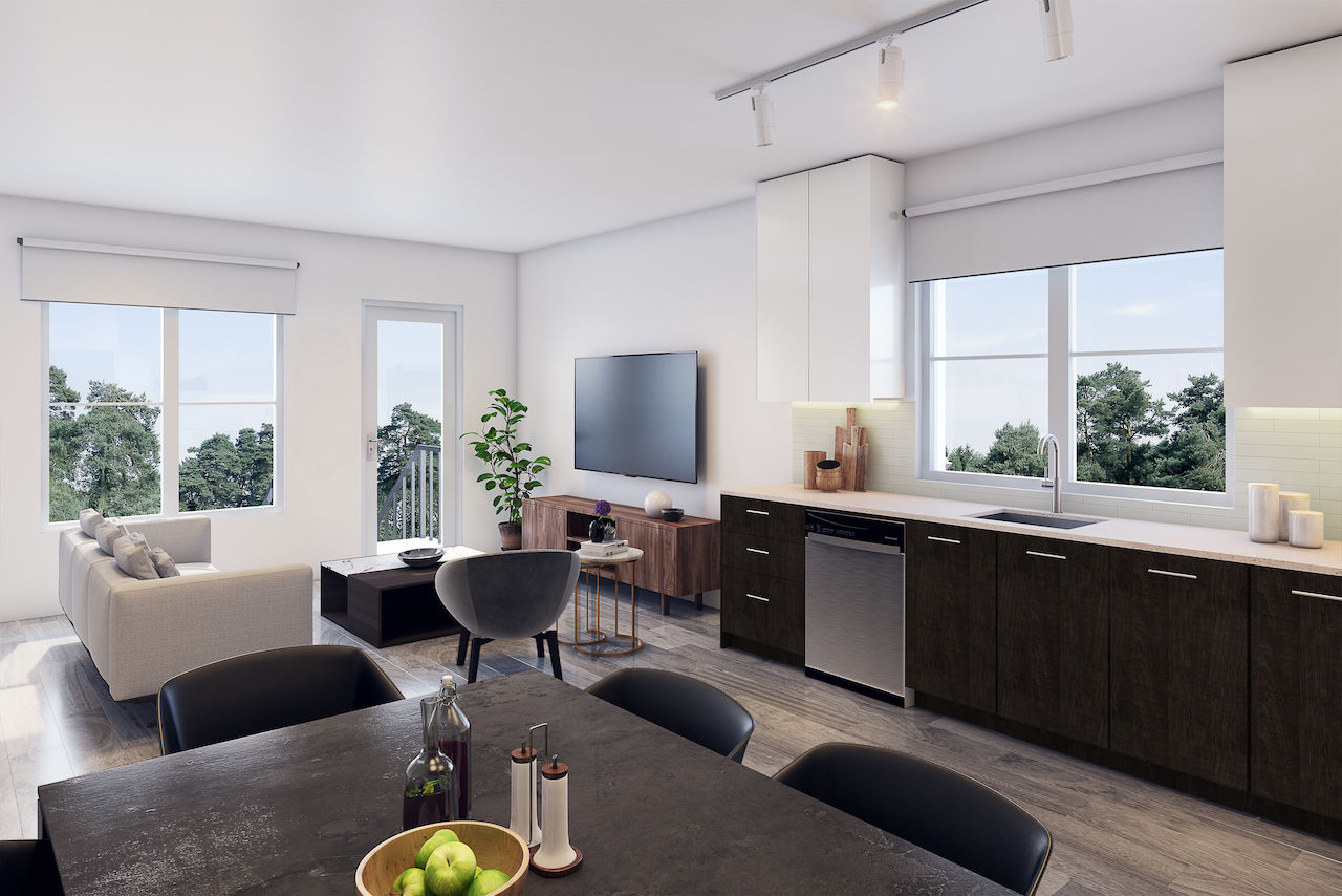 Rendering of 20Twenty Towns suite interior kitchen and dining area.