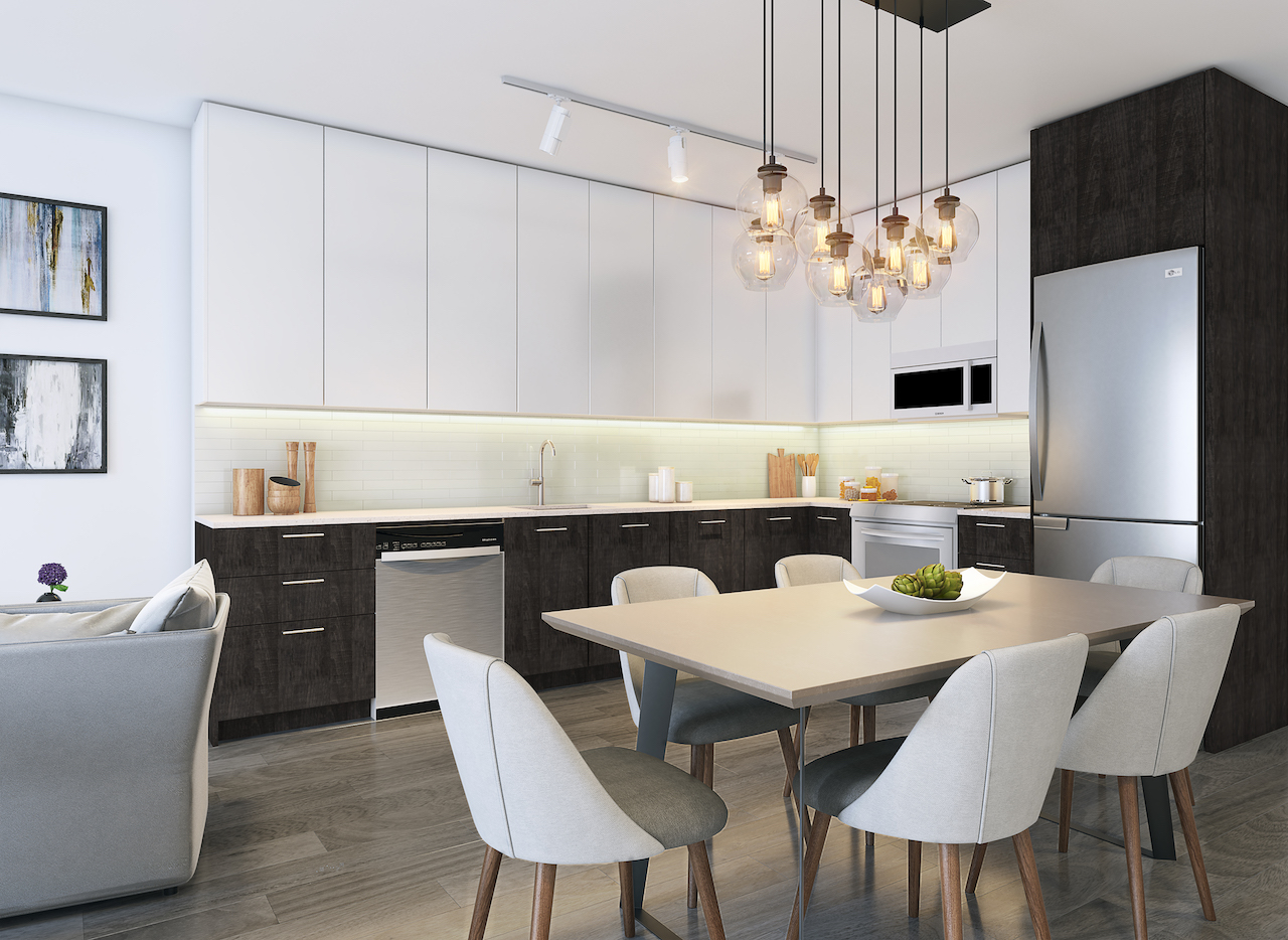 Rendering of 20Twenty Towns suite interior open-concept kitchen.