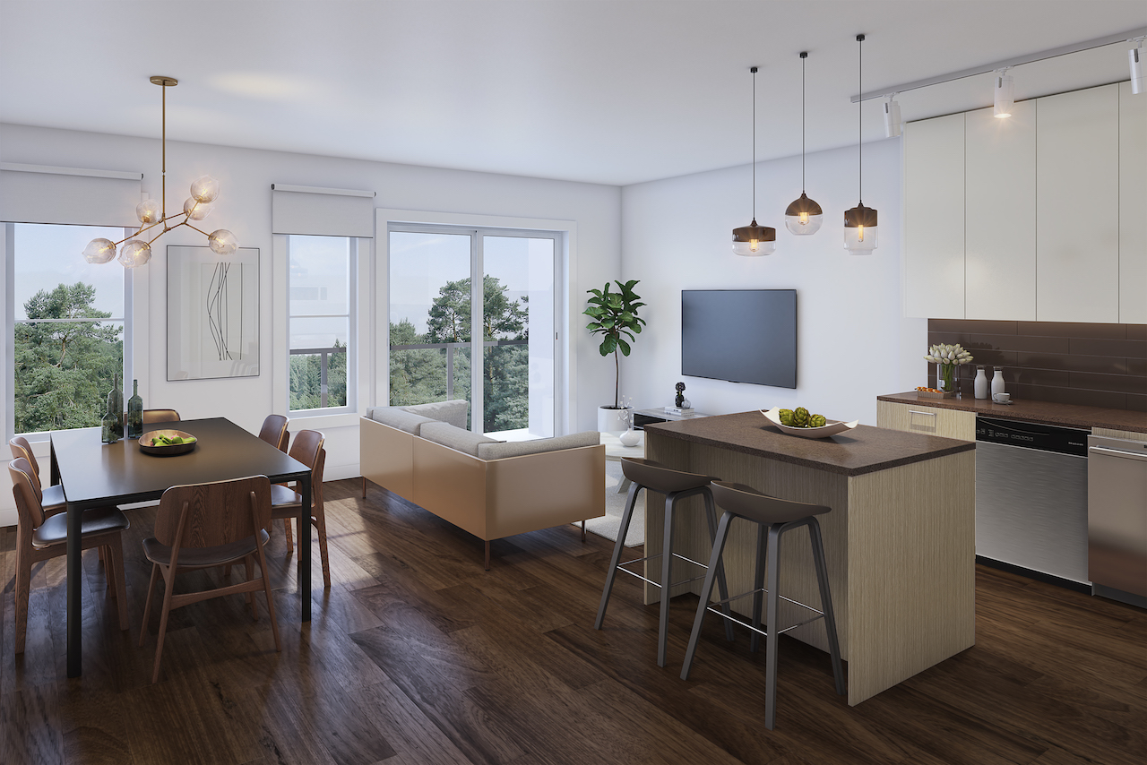 Rendering of 20Twenty Towns suite interior open-concept main living area.