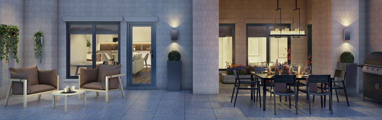 Rendering of 20Twenty Towns suite patio area with ample seating and dining space.