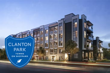 Exterior rendering of Clanton Park Towns with logo overlay.