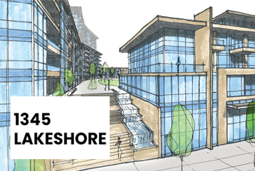 Sketch of 1345 Lakeshore Road Condos with logo overlay.