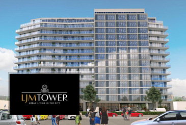Exterior rendering of LJM Tower Condos with logo overlay.