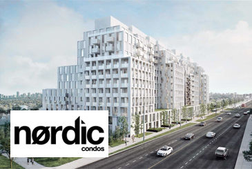 Exterior rendering of Nordic Condos with a logo overlay.