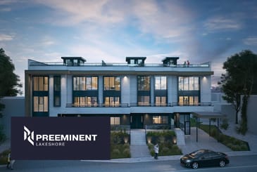 Exterior rendering of Preeminent Lakeshore with logo overlay.