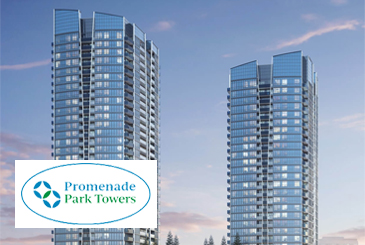 Exterior rendering of Promenade Park Towers with logo overlay.