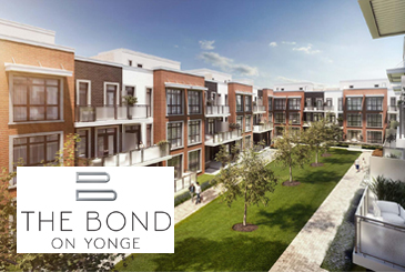 Exterior rendering of The Bond towns courtyard with logo overlay.