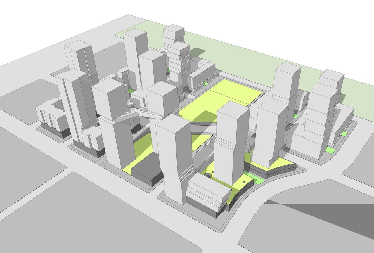 Simple rendering of 1900 Eglinton East community of condos and towns.