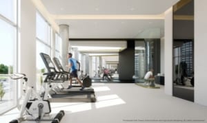 Rendering of Promenade Park Towers fitness centre with a man on an elliptical.