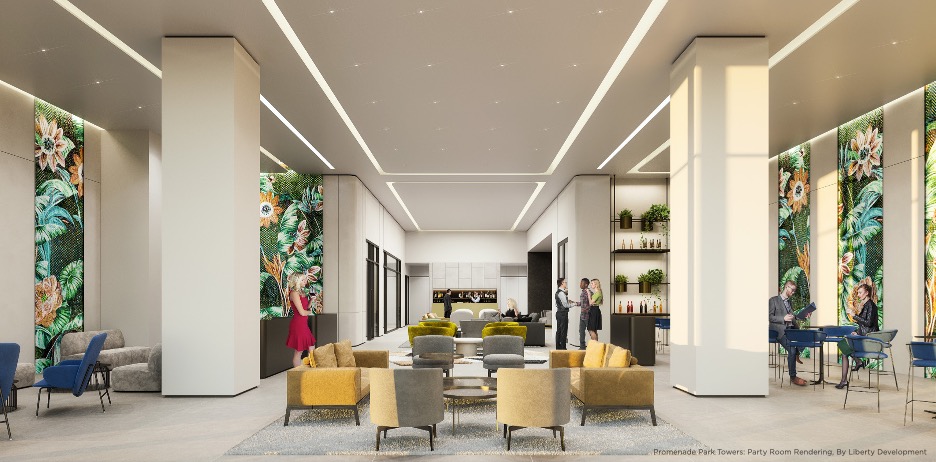 Rendering of Promenade Park Towers party room with lounge.