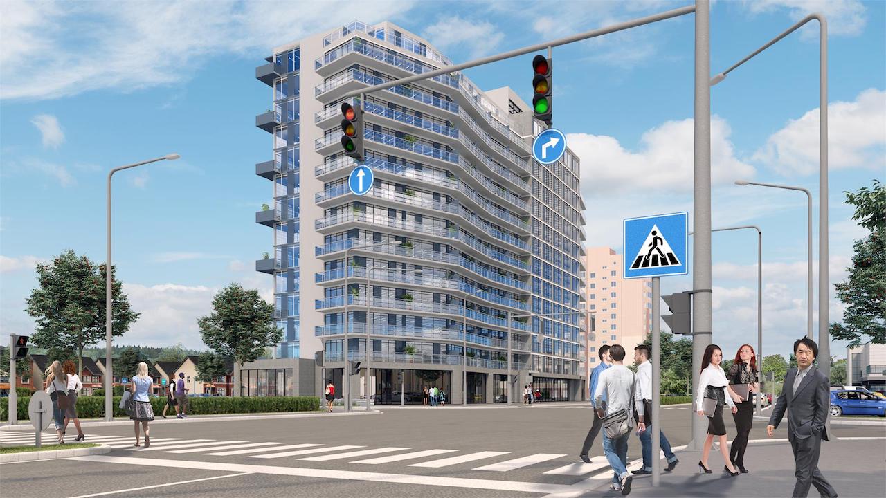 Exterior rendering of LJM Tower Condos from nearest intersection.