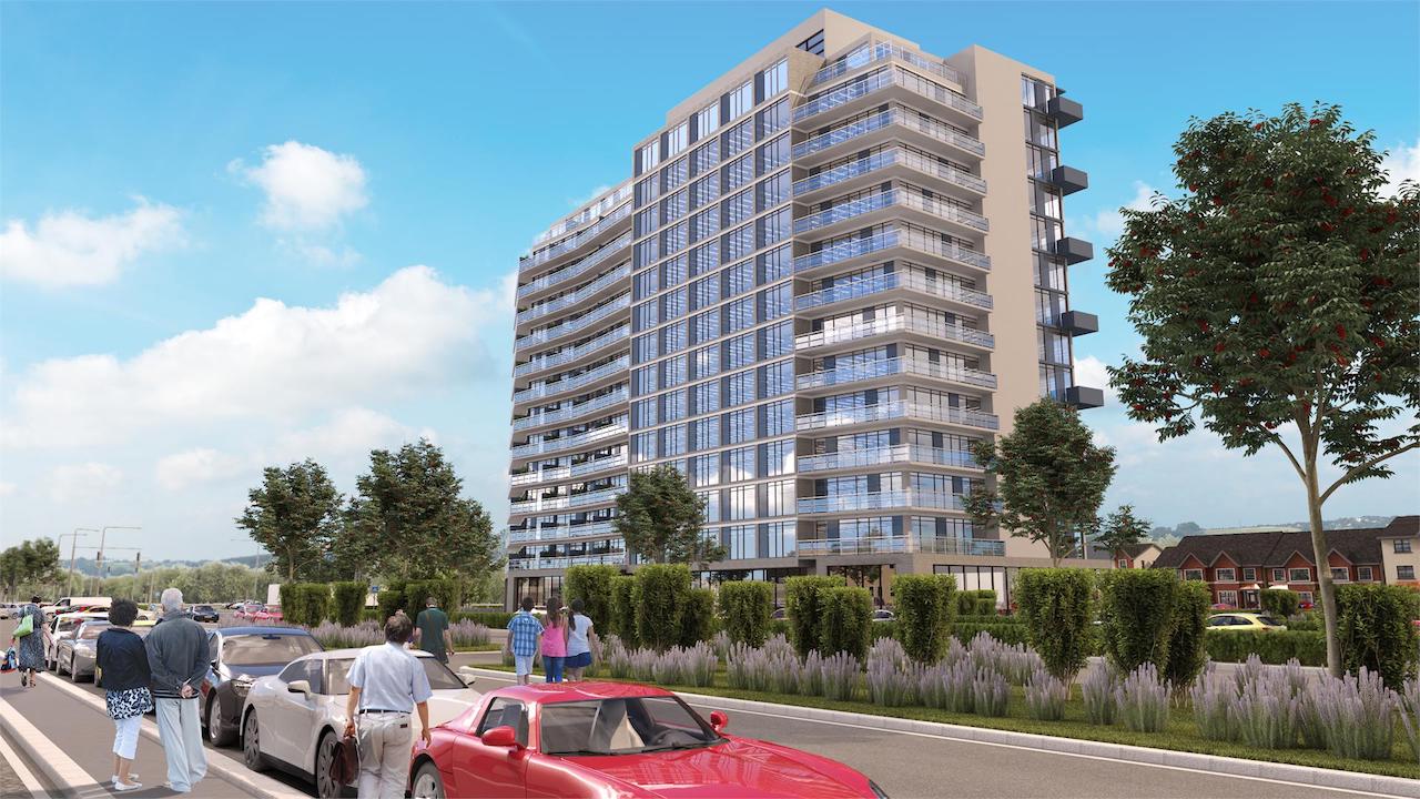 Exterior rendering of LJM Tower Condos with roadway and cars.